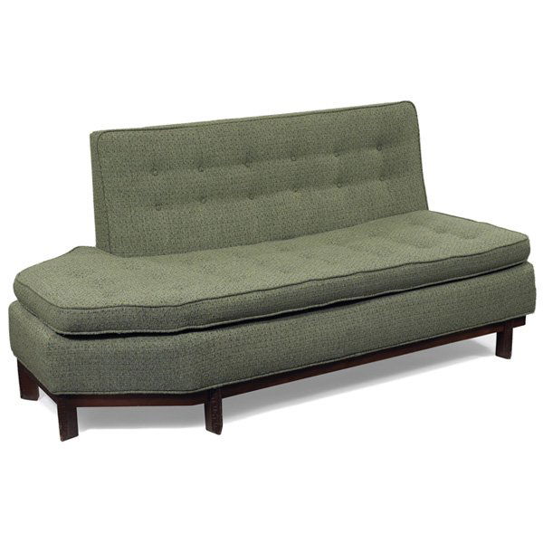 Frank Lloyd Wright sectional sofa: Frank Lloyd Wright sectional sofa, two pieces, manufactured by Heritage Henredon, Taliesin design at edges supports a re-upholstered seat and back, signed with paper label, each piece: 64"w x 32"d x 3