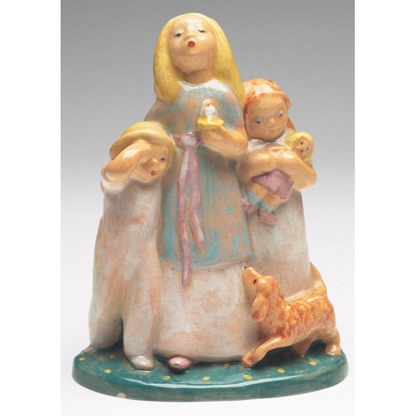 Rare Edris Eckhardt figurals: Rare Edris Eckhardt figurals, two, for the Federal Art Project, Cleveland, Ohio, colorfully painted and nicely detailed, #19 - three children and dog, 5"w x 6.5"h, #6A - the walrus and the carpenter,