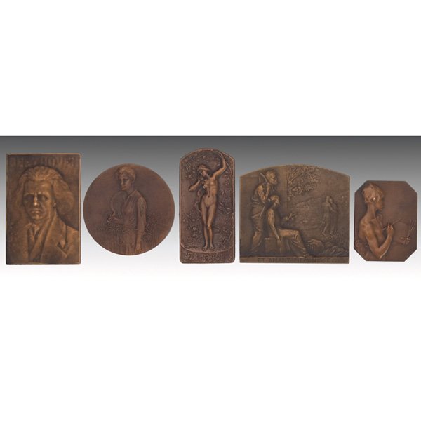 Art Nouveau medallions: Art Nouveau medallion, portrait of Beethoven, by Abel Lafleur, signed, marked, 2"w x 3"l; with an Art Nouveau medallion, harvest motifs, by J. Dampt, 1903, signed, marked, #156, 2.5"dia; with an Art N