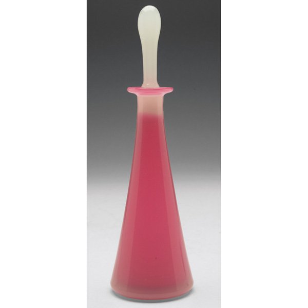 Steuben perfume: Steuben perfume, flared shape in Rosaline and Alabaster glass with a teardrop stopper, unsigned, long stopper, 2.25"w x 7.5"h