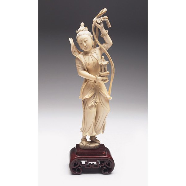 Japanese statuette: Japanese statuette, Nio guardian of Buddah, finely detailed carved ivory, carved rosewood stand, unsigned, 3.5"w x 12"h