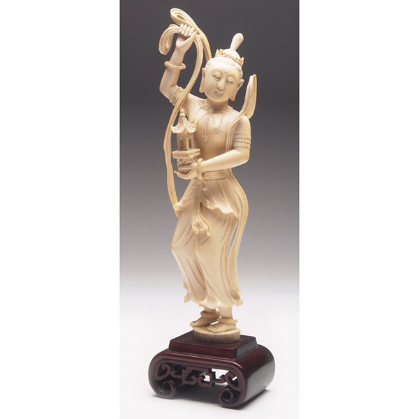 Japanese statuette: Japanese statuette, Nio guardian of Buddah, finely detailed carved ivory, carved rosewood stand, unsigned, 3.5"w x 12"h