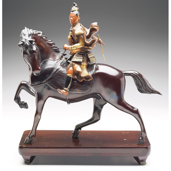 Japanese sculpture: Japanese sculpture, bronze form of a Kendo artist on horseback wearing Bogu armor and carrying a Shinai, unsigned, 15"w x 14"h