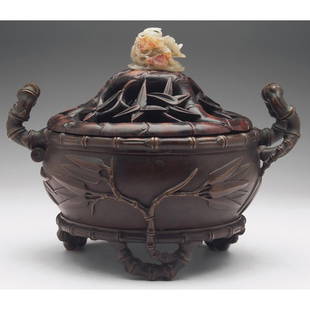 Chinese censer: Chinese censer, large bronze footed and handled bowl with bamboo designs, carved wooded lid with a carved jadeite finial, Xuande mark, 10"w x 8.5"h