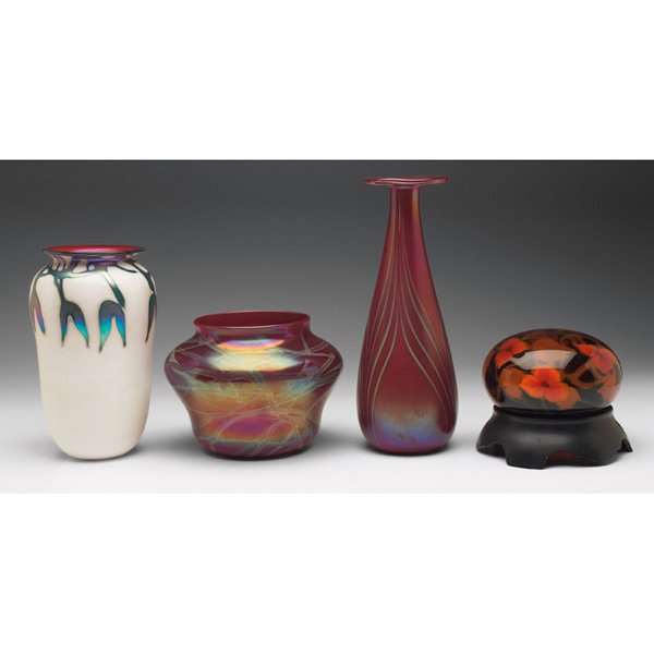 Charles Lotton vase: Charles Lotton vase, white glass with a red interior, pulled organic design in blue, dated 1976, 5"w x 8"h; with a Brian Lonsway vase, red glass with a pulled design in platinum, dated 7-3-74, 7"w x 5
