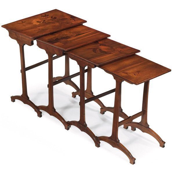 Galle nesting tables: Galle nesting tables, set of four, with marquetry designs at top, each with inlaid signature, largest: 23"w x 15"d x 27.5"h, very good condition