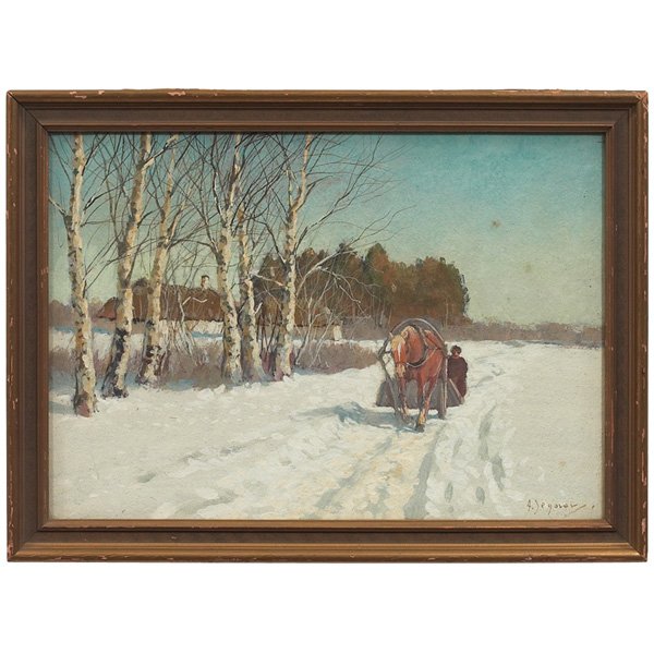 Andrei Egorov (Russian, 1878-1954) "Sleigh in Snow,": Andrei Egorov (Russian, 1878-1954) "Sleigh in Snow," c. 1920, gouache, 9" x 13.25", signed lower right, framed