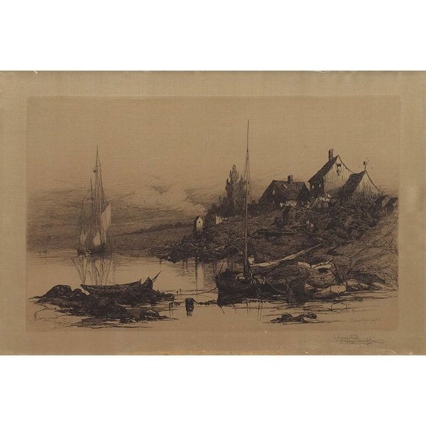 Stephen Parrish (American, 1846-1938) "Fisherman's Hous: Stephen Parrish (American, 1846-1938) "Fisherman's Houses, Cape Ann," 1881, etching, 12" x 18.75", pencil signed lower right, framed