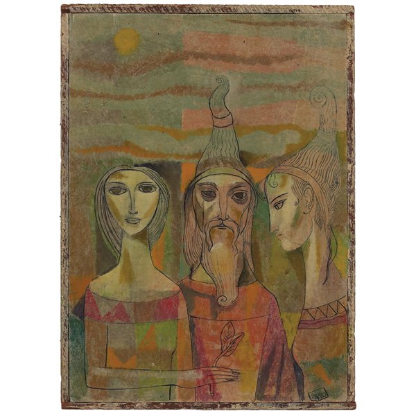 Leon D'Usseau (American, 1918-1991) "Three Figures,": Leon D'Usseau (American, 1918-1991) "Three Figures," c. 1950, oil on board, 16.75" x 12", signed lower right, framed