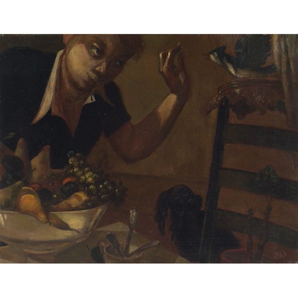 Bernard Weinstein (American, 20th century) "Feeding a B: Bernard Weinstein (American, 20th century) "Feeding a Bird," c. 1960, oil on canvas, 20" x 26", signed lower right, unframed