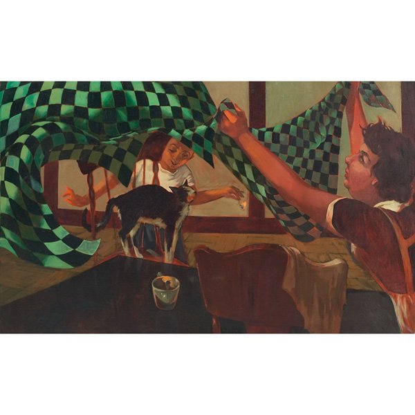 Bernard Weinstein (American, 20th century) "Tablecloth,: Bernard Weinstein (American, 20th century) "Tablecloth," c. 1960, oil on canvas, 30.5" x 49", signed lower right, unframed