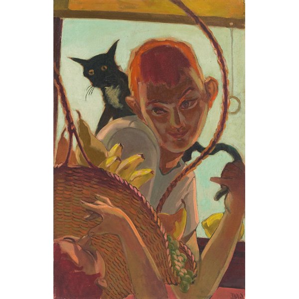 Bernard Weinstein (American, 20th century) "Portrait wi: Bernard Weinstein (American, 20th century) "Portrait with Cat," c. 1960, oil on canvas, 25" x 16", signed lower right, unframed