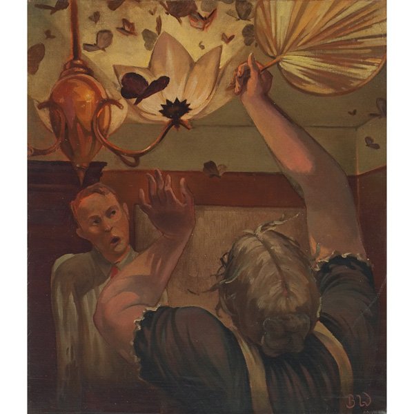 Bernard Weinstein (American, 20th century) "Swatting Mo: Bernard Weinstein (American, 20th century) "Swatting Moths," c. 1960, oil on canvas, 22" x 19", signed lower right, unframed