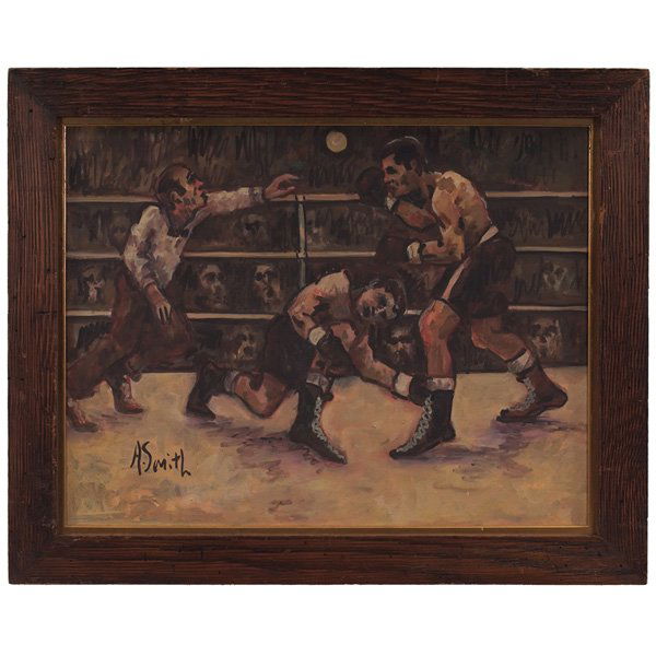 Arthur M. Smith (American, d. 1972) "Boxers,": Arthur M. Smith (American, d. 1972) "Boxers," c. 1950, oil on board, 23.5" x 30", signed lower left, framed