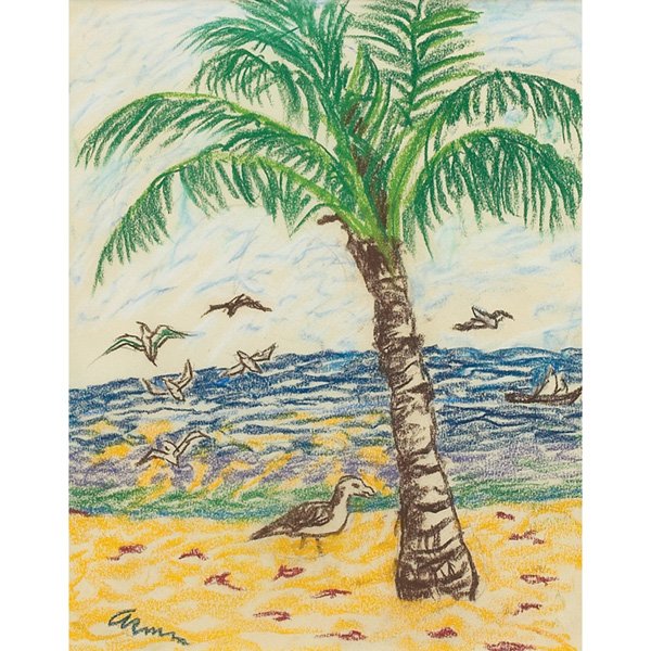Emil Armin (American, 1883-1971) "Palm Tree with Pelica: Emil Armin (American, 1883-1971) "Palm Tree with Pelicans," c. 1950, crayon on paper, 13.25" x 10.75", signed and lower left, R. H. Love Galleries, Inc. (Chicago, Illinois) label on verso, framed