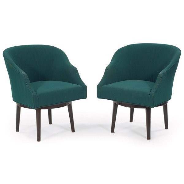 Edward Wormley occasional chairs pair Dunbar swivel: Edward Wormley occasional chairs, pair, by Dunbar, mahogany frames, swivel with return mechanism, original turquoise upholstery, original finish, one signed with brass D label, 27"w x 26"d x 32"h, sta