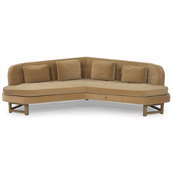 Edward Wormley sofa, Dunbar, model 6392A angled: Edward Wormley sofa, by Dunbar, model 6392A, angled form with a tufted backrest, four down-filled back cushions covered in the original Jack Lenor Larsen "Kashmir" velour in "Biscuit", original finish