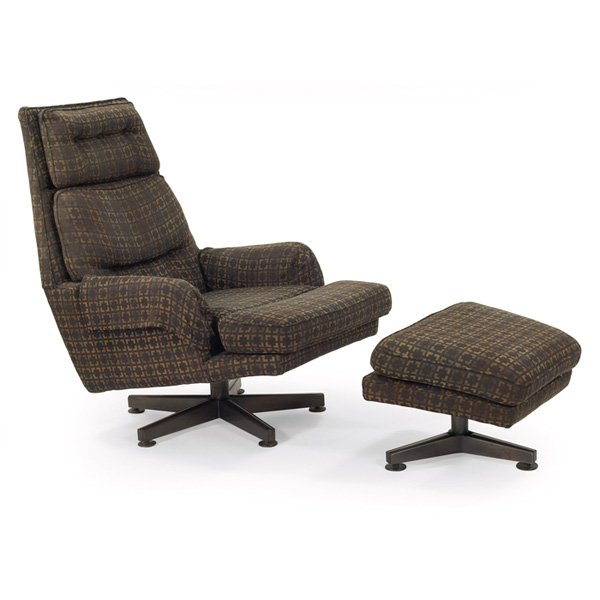 Edward Wormley high-back lounge & ottoman Dunbar signed: Edward Wormley high-back lounge and ottoman, by Dunbar, chair with very deep seat and sectioned backrest cushions, bronze bases with disk feet and mahogany inserts, chair swivels, original geometric w