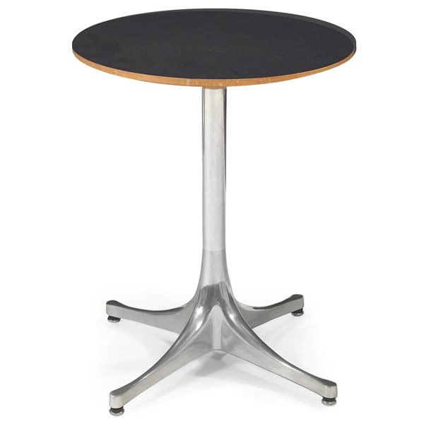 George Nelson Swag leg occasional table: George Nelson Swag leg occasional table, by Herman Miller, round black laminate over plywood top, polished aluminum base, signed with round metal tag, 17"dia x 22.5"h, excellent original condition