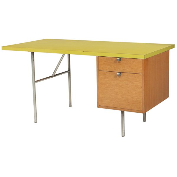 George Nelson desk Herman Miller 1950s comb grain oak: George Nelson desk, by Herman Miller, 1950s, rectangular yellow-green laminate top, two comb grain oak drawers, brushed steel frame, original drawer pulls, back is finished, original finish, signed wi