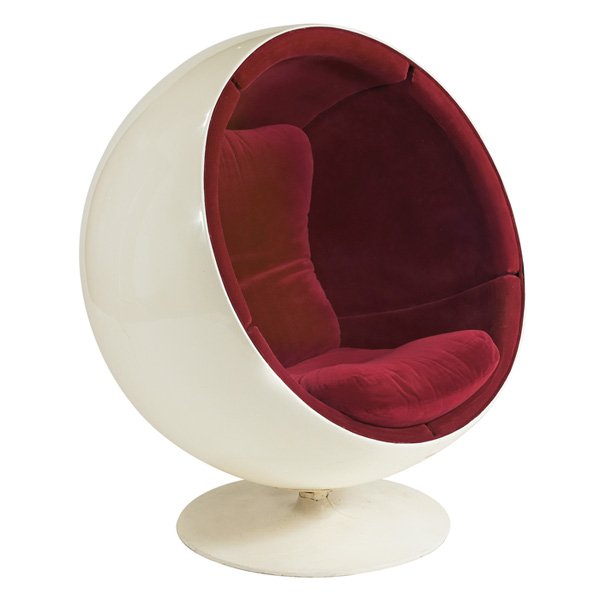 Eero Aarnio Ball chair, Asko, Stendig, signed: Authentic Eero Aarnio Ball chair, by Asko, Finland, fiberglass sphere with the original white finish, pedestal base, swivels, reupholstered in dark red velvet, signed with impressed Asko marks and Ste