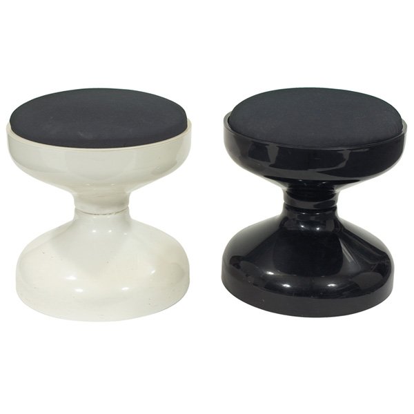 Achille Castiglioni stools, pair, Kartell: Achille Castiglioni stools, pair, by Kartell, one black, one white, molded plastic, black wool seats, original finish, 16"dia x 17.5"h, very good original condition