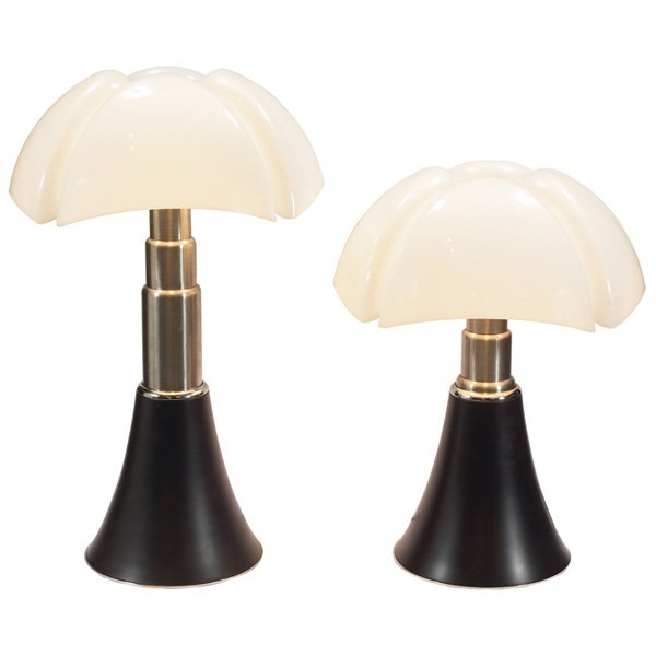 Gae Aulenti Pipistrello lamps, pair: Gae Aulenti Pipistrello lamps, pair, by Martinelli-Luce, Italy, black enameled and brushed steel telescoping base with the original molded white plastic shades, original black ball finials, marked on 
