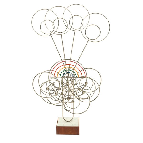 J.A. Burlini kinetic sculpture: J.A. Burlini kinetic sculpture, 1979, walnut base with white plastic top supports a three-dimensional metal construction with moving parts and colorful rainbow element, inscribed on base "J.A. Burlini