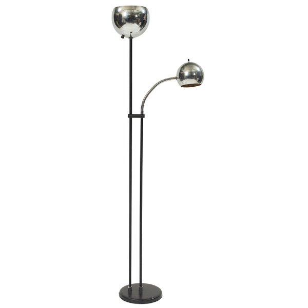 Raymor floor lamp, chrome: Raymor floor lamp, one torchiere and one adjustable light source, chrome ball shades, black enameled metal base, original finish, signed with Raymor label, 20"w x 64"h, good original condition