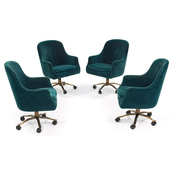 Nicos Zographos lounge or Executive chairs, 4, signed: Nicos Zographos lounge or Executive chairs, four, by Zographos Designs Ltd., high-backed forms covered in the original teal blue mohair, five-point brass base on castors, two with Zographos labels, 26