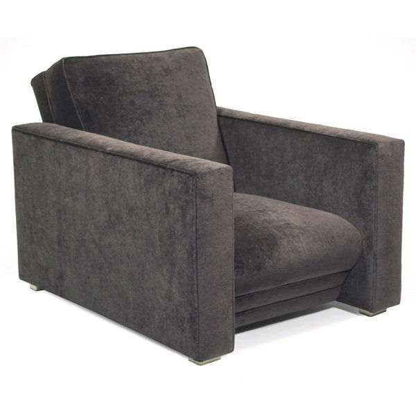 Gilbert Rohde Square Back Easy Chair, Herman Miller: Good Gilbert Rohde Square Back Easy Chair, by Herman Miller, 1936, rectangular slab sides, stepped detail under front of seat, small wood block feet, beautifully reupholstered in gray/brown mohair, 33