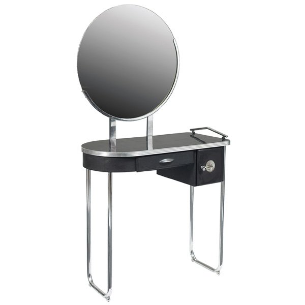 Wolfgang Hoffman style vanity, by Royalchrome, signed: Wolfgang Hoffman style vanity, with mirror, by Royalchrome, tubular chrome frame supports a round mirror and a black metal cabinet with two doors, original finish, signed with Royal Chrome tag, 30"w x