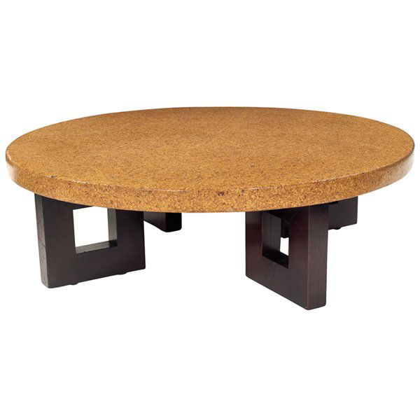 Paul Frankl coffee table by Johnson, round cork top: Paul Frankl coffee table, by Johnson Furniture Co., c. 1948, round cork-top over four mahogany supports with a cutout, refinished, signed with stenciled mark "5021 343", 47"dia x 14.5"h, very good con