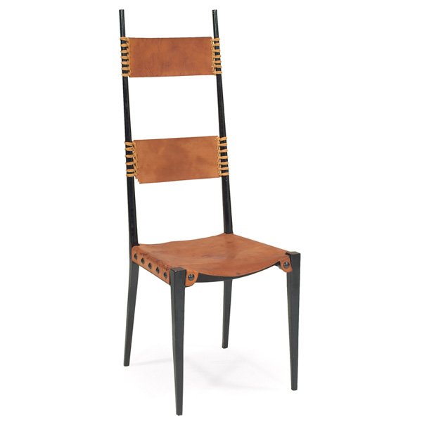 Italian Mid-Century chair, high back, leather: Italian Mid-Century chair, high-backed form with a visually delicate frame in the style of Gio Ponti, original tan leather sling seat and backrest panels, held in place by tacks and leather lacing, or