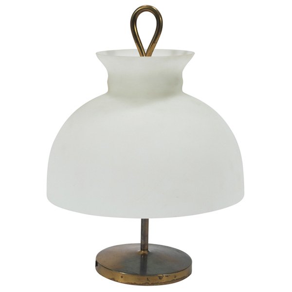 Ignacio Gardello table lamp, by Azucena: Ignacio Gardello table lamp, by Azucena, Italy, brass frame with handle at top, original frosted white glass shade, three small sockets, original finish, unsigned, 9.75"dia x 14"h, very good original