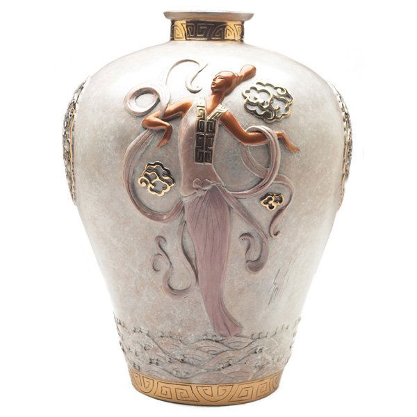 Erte vase, "Oriental Mystery": Erte vase, "Oriental Mystery", cast bronze with an applied decoration of a female dancer on each side, signed, marked Seven Arts, 1990, edition 204/395, 8.5"w x 11.5"h