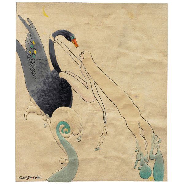 Burt Groedel carpet by Edward Fields, signed: Burt Groedel carpet, by Edward Fields, "Leda & the Swan", 100% virgin wool with three-dimensional elements, gray swan on a cream field, nylon backing, signed "burt groedel" and "EF" in gold at lower r
