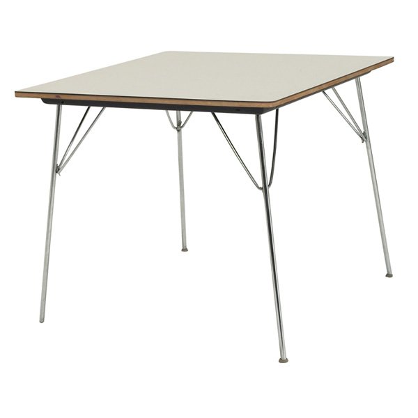 Charles & Ray Eames DTM-20 folding table: Charles & Ray Eames DTM-20 folding table, square off-white laminate top over plywood, folding legs, nylon strap underneath, feet missing, original finish, singed with round metal tag, stamped "DTM20",