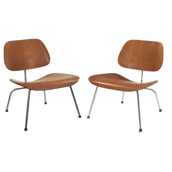 Charles & Ray Eames LCM chairs, pair, ash: Early Charles & Ray Eames LCM chairs, pair, by Herman Miller, molded ash plywood, chrome frames, original rubber boot glides, original finish, stamped "LCM" label, 22"w x 23"d x 26.5"h, excellent orig