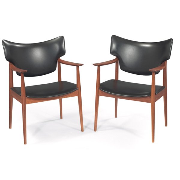 Peter Wessel lounge chairs, pair, Norway: Peter Wessel lounge chairs, pair, by Norway, sculptural backrests, teak frames, original black vinyl upholstery, each stamped "Made in Norway", 25"w x 20"d x 34.5"h, excellent original condition