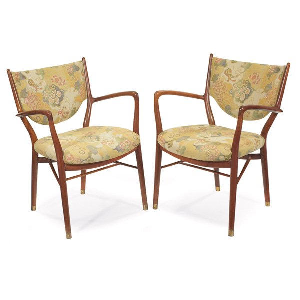 Finn Juhl No. 46 armchairs, pair, Niels Vodder, signed: Finn Juhl armchairs, pair, by Niels Vodder, Denmark, model 46, sculptural teak frames, brass caps to feet, reupholstered, original finish, branded "Cabinetmaker Niels Vodder Copenhagen Denmark Design