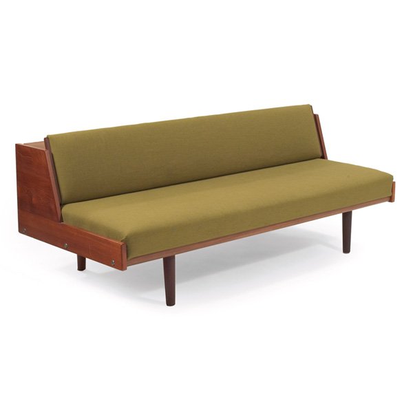 Hans Wegner daybed, Getama, teak: Hans Wegner daybed, by Getama, Denmark, 1950s, teak frame with backrest that lifts up and locks in place to allow for use as a twin bed and to reveal bedding storage area, original wool upholstery, or
