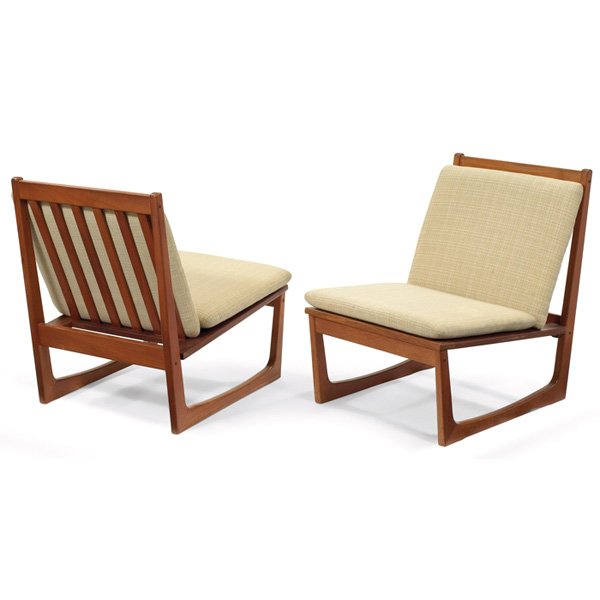 Jacob Kjaer Slipper chairs: Jacob Kjaer Slipper chairs, pair, Denmark, tea, original finish, original upholstered cushions, signed with branded mark "JK Made in Denmark", 22"w x 29"d x 29.5"h, excellent original condition