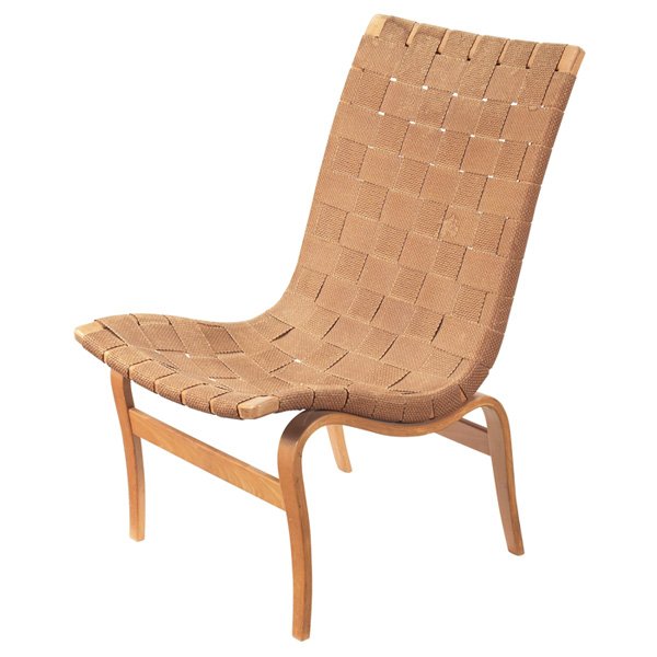 Bruno Mathsson armless lounge chair: Bruno Mathsson armless lounge chair, by Karl Mathsson, molded beech plywood frame, original straps, original finish, signed, 20"w x 28"d x 32"h, break to webbing, good original condition