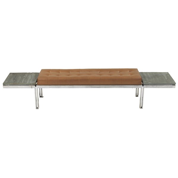 Knoll Associates bench: Knoll Associates bench, polished steel with removable 16.5"square slate table top at each end, original tan vinyl upholstery, 88"w x 16.5"d x 17"h, very good original condition