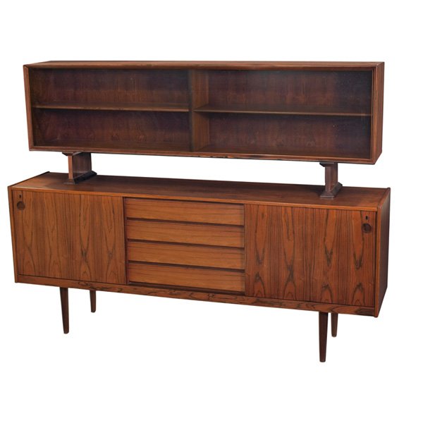Dyrlund buffet and china cabinet, rosewood: Dyrlund buffet and china cabinet, Denmark, rosewood, buffet cabinet with two doors and four center drawers, removable upper cabinet with smoked glass sliding doors, signed with Dyrlund label, as shown