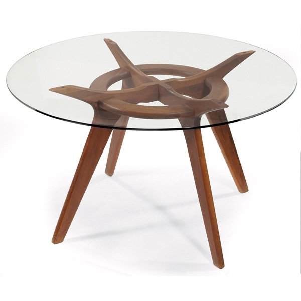 Adrian Pearsall dining table: Adrian Pearsall dining table, by Craft Associates, walnut, sculptural base supports a round glass top, 48"dia x 29"h, original finish, excellent condition