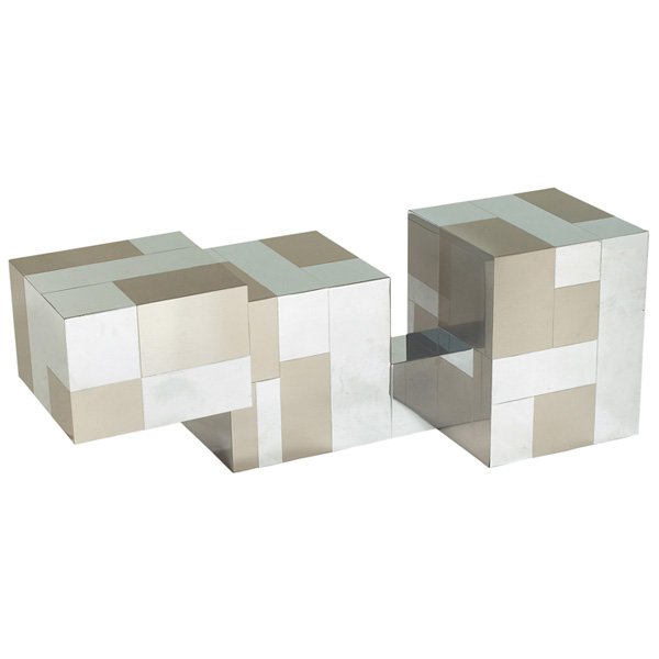 Paul Evans coffee table, attribution: Paul Evans coffee table, attribution, three sections of patchwork chrome and bronze-colored squares, original finish, unsigned, 21"w x 43"d x 16"h, very good original condition