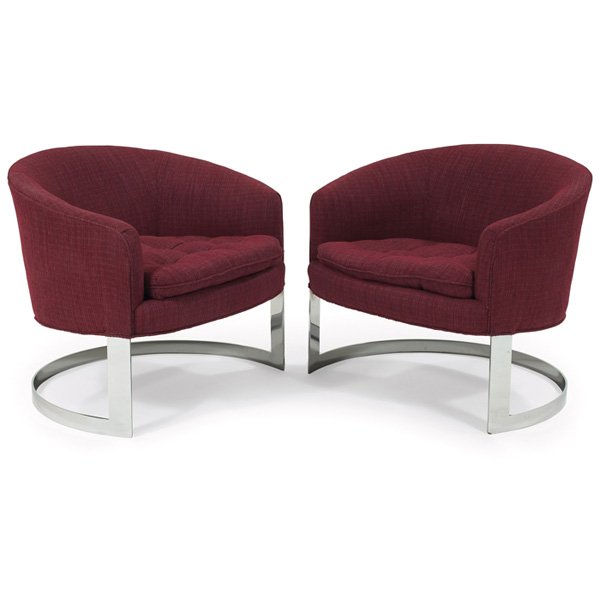 Milo Baughman lounge chairs, pair: Milo Baughman lounge chairs, attribution, pair, curved forms with upholstered seats over cantilevered polished chrome bases, original wine red upholstery, signed with John Smyth, Michigan Ave. labels,