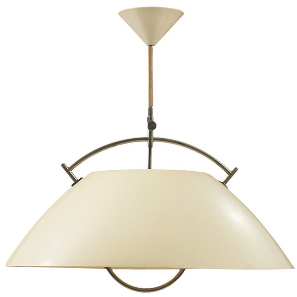 Hans Wegner hanging fixture: Hans Wegner hanging fixture, by Louis Poulsen, Denmark, white enameled aluminum shade, metal accents, original finish, signed with a paper label, 20.5"dia x 11"h, very good original condition